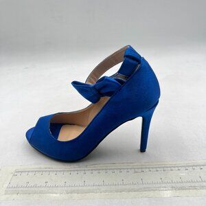 FSJ Blue Wedding Pumps Peep Toe Ankle Strap Stiletto Heels Bow Dress Bridal Shoe